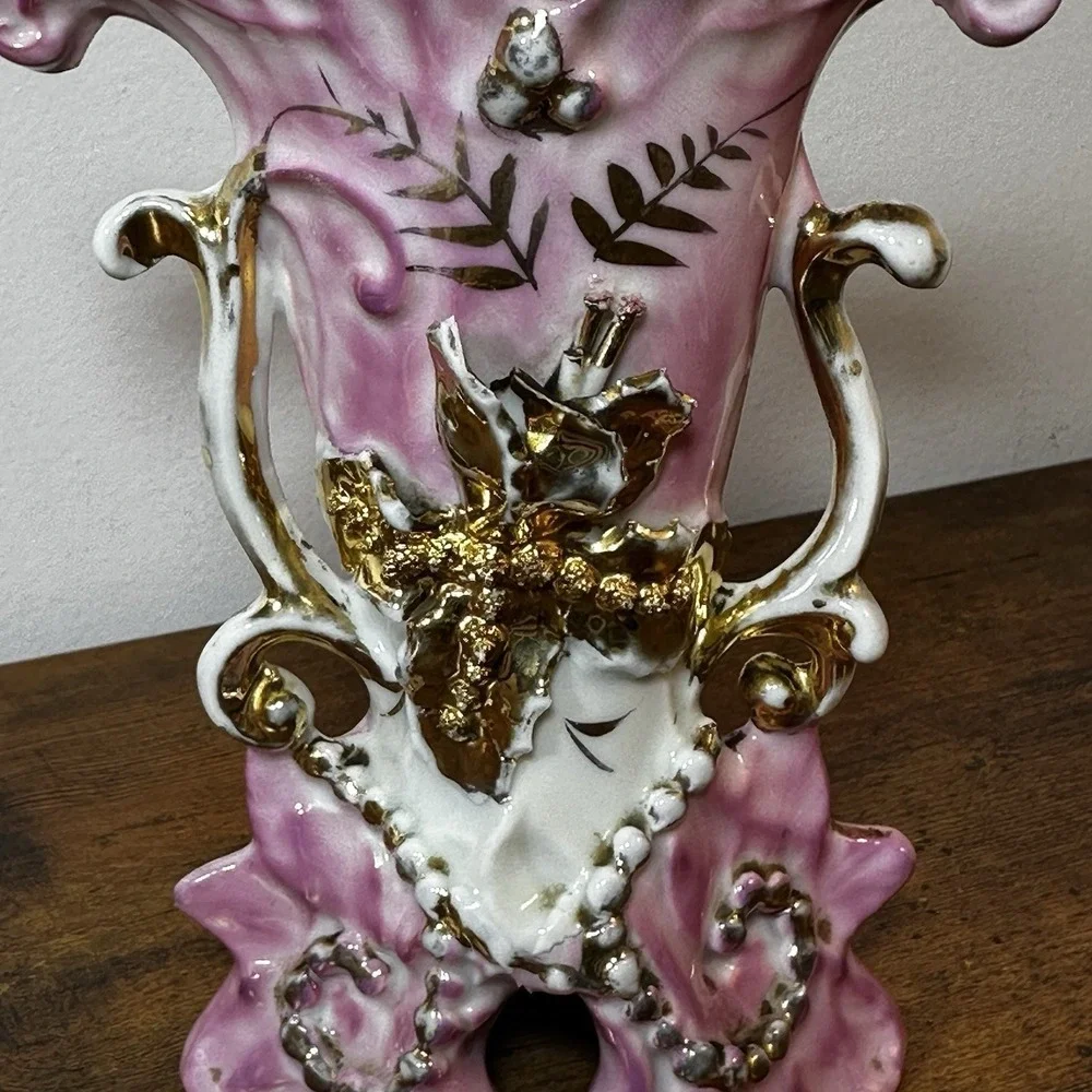 Victorian Porcelain Vase Pink & Gold Rococo Applied flower Cottagecore
